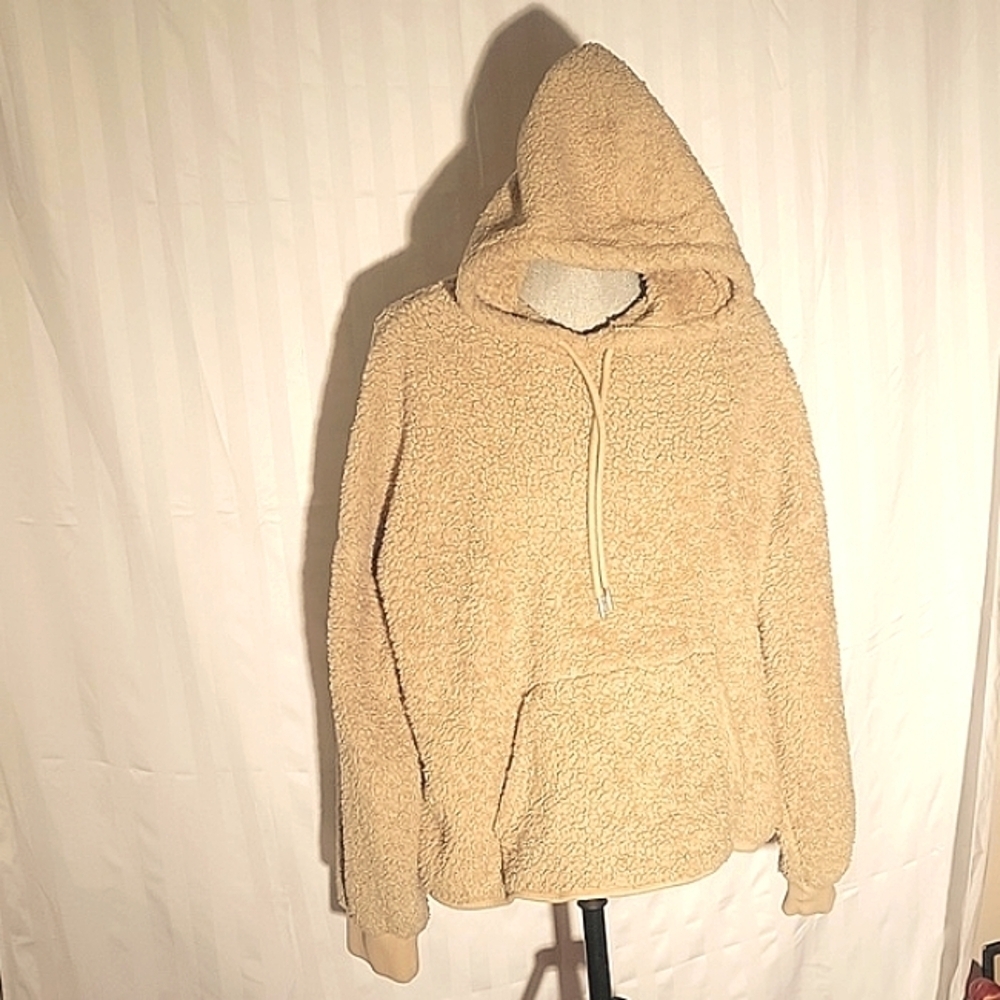 H&M Beige Faux Fur Drawstring Hoodie, Size: XL